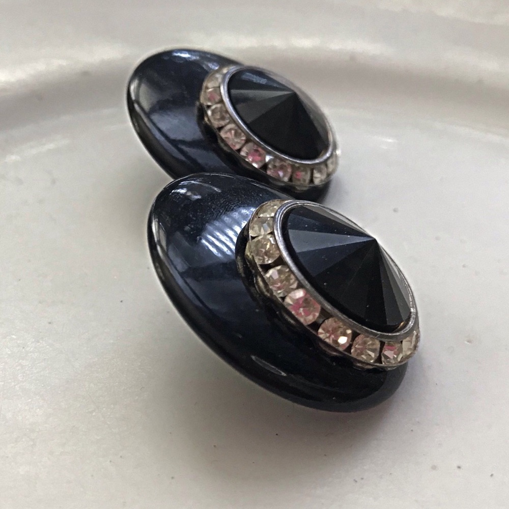 Vintage black enamel and rhinestone clip on 1970s earrings